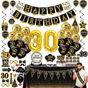 30th birthday decorations for him - (76pack) black gold party Banner, Pennant, Hanging Swirl, birthday balloons, Tablecloths, cupcake Topper, Crown, plates, Photo Props, Birthday Sash for men gifts