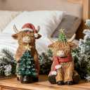 RM ROOMERS Christmas Highland Cow Decor Resin Highland Cow Figurines with Santa Hat Scarf & Tree for Tabletop Shelf Mantel Home Christmas Decoration (Set of 2, 5.39" & 4.48H) (Brown & Red & Green)