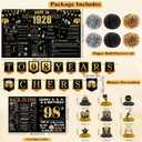 98th Birthday Decorations for Women Men, 18PCS Black Gold Back in 1928 Banner Decorations, Bday Backdrop, 98 Year Old Banner for Grandma Grandpa, Birthday Card, 6 Paper Poms 9 Honeycomb Balls