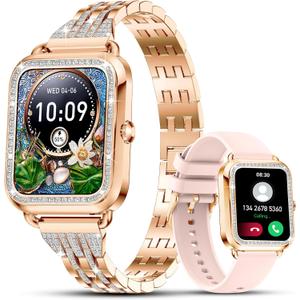 Efolen Smart Watches for Women with Diamonds (Answer/Make Call), 1.57'' Bluetooth Smartwatch for Android iOS Phones, Waterproof Fitness Watch with Heart Rate/SpO2/Sleep/BP/AI Voicer (Rose Gold)