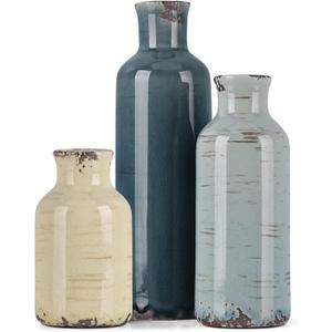 Multicolor Ceramic Vase Set of 3 - Coastal Rustic Farmhouse Decor Flower Vases for Shelf, Dining Room Table, Fireplace Mantel, Living Room, Coffee Table, Tabletop, Kitchen Cabinet, Entryway Decoration (Blue Grey Beige)