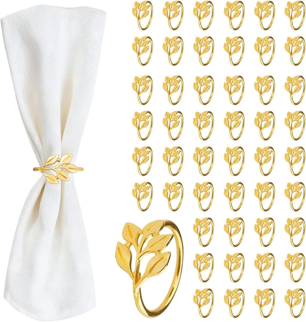 CEYAZYE Gold Napkin Rings Set of 50, Leaf Napkin Holders Buckles for Table Decor, Bulk Shiny Zinc Alloy Delicate Ring for Dinner Parties Wedding Kitchen Banquet Thanksgiving Christma Special Events