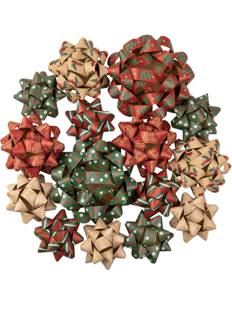 RUSPEPA Kraft Paper Christmas Gift Bow Assortment - Red, Green and White Design for Christmas, Holiday, Birthday, Wedding, Baby Shower - Total 15 Bows, 3 Size
