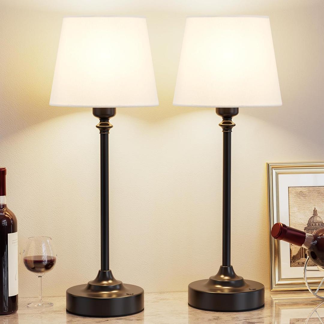 Cordless Table Lamps Rechargeable Set - 2 Pack Black 4000mAH Battery Operated Lamps for Decor, 3000K Stepless Dimming Touch Control Wireless Lamps for Bedroom, Dining Table, Living Room, White Shade