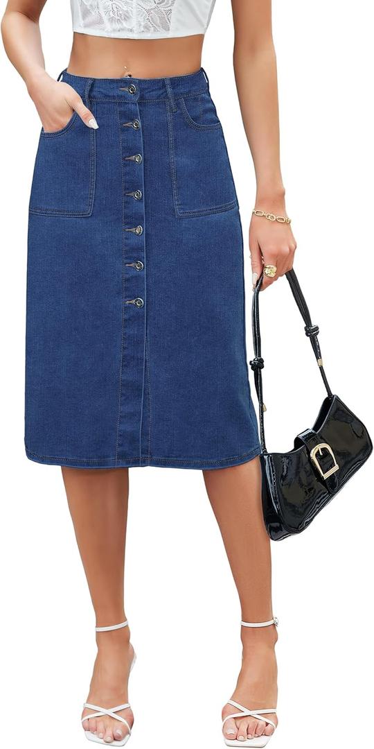 Denim Skirt Women Long Jean Skirts Stretch High Waisted Button Down Front Slit A Line with Pockets (8, 01-blue)
