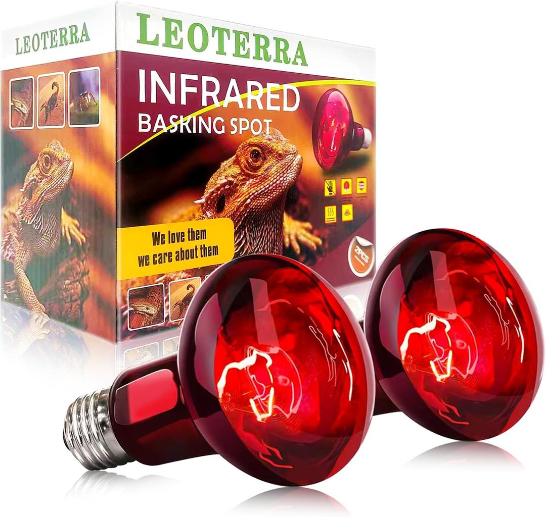 Leoterra 75W Red Infrared Night Heat Lamp Fits 20-40 Gallon Tank (2 Pack)- Thickened Glass 2000+ Hours Long Life for Bearded Dragon,Ball Pythons, Snake, Turtle, E26 110V