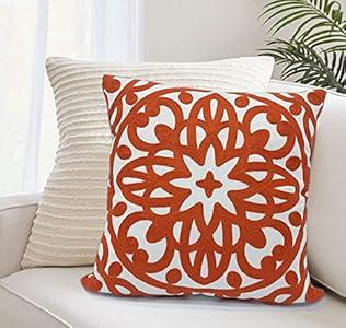 Alysheer Embroidered Decorative Throw Pillow Cover 18x18 inch, Boho Mandala Modern Chic Knit Pattern Cotton Cushion Covers for Sofa Couch Car Living Room Bedroom Office Gifts (Solid Orange Red)  
