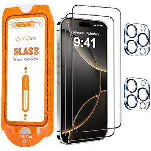 QsmQam for iPhone 16 Pro Screen Protector + Camera Lens Protector, [Military Grade Shatterproof], Ultra Top 9H+ Tempered Glass, Full Coverage Screen, with Automatic Dust Removal [2+2 Pack] 5pack