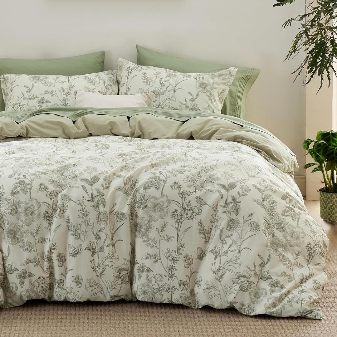 Bedsure Duvet Cover King Size - 100% Cotton Reversible Floral King Duvet Cover Set with Zipper Closure, 3 Pieces Soft & Breathable PureWoven Botanical Green Bedding Set with 2 Pillow Shams 20"x36"