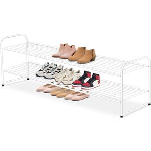 AOODA Long 2 Tier Shoe Rack for Closet Metal Wide Stackable Shoe Storage Organizer for Entryway, Bedroom, Floor, 18-Pairs Low Sneaker Shelf, White (11.4 x 42.7 x 18.7)