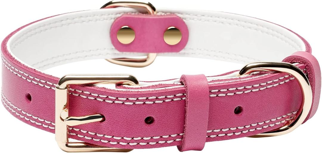 Dog Collar, Genuine Leather, Heavy Duty, 350lb Pull Power, Pink, 1.2" Wide for 16.2"-22" Neck, Dual Stitch, Suitable for Large Dogs