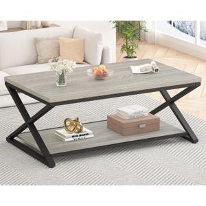 HSH Coffee Table with Storage, Farmhouse Grey Living Room Center Table, Industrial Wood and Metal Rectangle Coffee Tables, Simple Rustic 2 Tie Cocktail Tea Table for Home Office Bedroom, 47 Inch