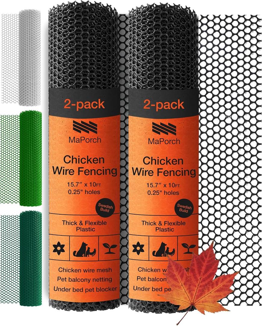 MaPorch Plastic Wire Mesh Fence - 15.7" x 10 ft 2-Pack Black - Durable Plastic Mesh & Netting for Garden Fence & Poultry Barrier - Temporary Chicken Wire Fencing for Dogs