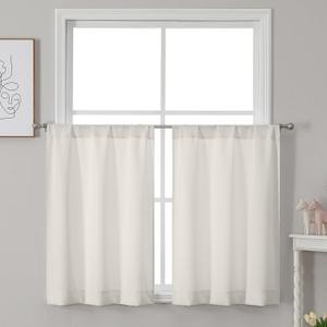 Chyhomenyc Jack Ivory Curtains 24 Inch Length 2 Panels, Faux Denim Fabric Kitchen Cafe Curtains for Bathroom Basement, Small Farmhouse Window Treatments Rod Pocket, Each 30 W x 24 L, 2PCS