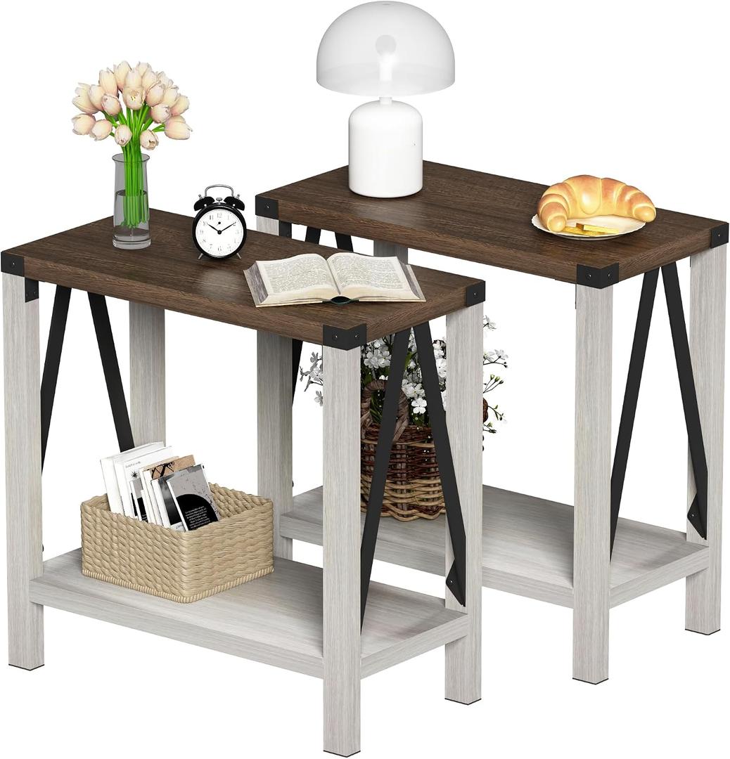 ChooChoo Farmhouse End Table Set of 2, Narrow Side End Table with Storage Shelf, Rustic A-Design Nightstand Sofa Table for Living Room, Bedroom(White&Brown), 2 Pack