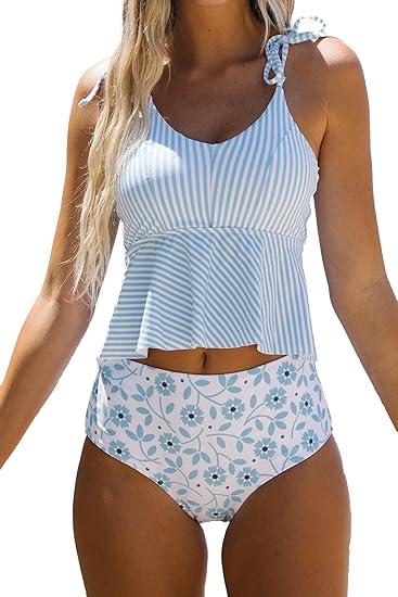 Beachsissi Women's Bathing Suit Tie Shoulder Stripe Print Cute Tankini Sets (Black, Small)