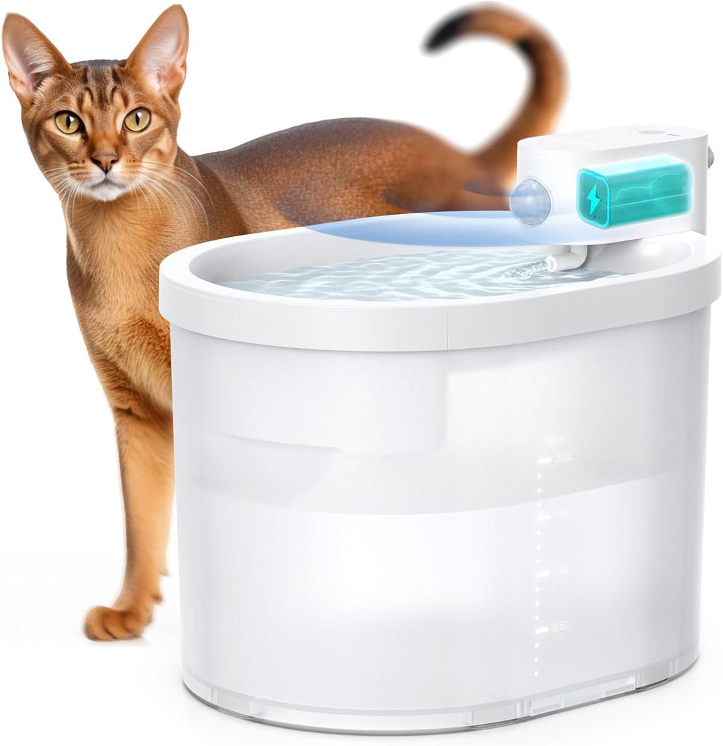 Uahpet Cat Water Fountain, Wireless & Battery Operated 2L/67oz Pumpless Automatic Pet Fountain with Motion Sensor, Food-Grade ABS Tray, Easy to Clean Water Dispenser for Cats White