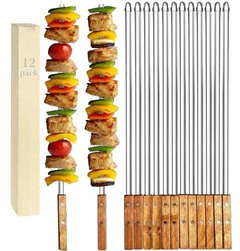 Vokop 12 Pack Kebab Skewers 23.5 Inch Stainless Steel Grilling BBQ Skewer Reusable Barbecue Skewers Flat Stick with Wood Handle,Ideal for Koubideh Brazilian Chicken Shrimp Turkish Shish Kabob