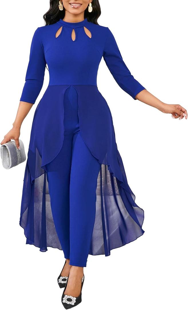 Jumpsuits for Women Dressy Hight Waist One Piece Casual Straight Long Pants Wide Leg Pants Elegant Jumpsuit Romper (X-Large, Blue)