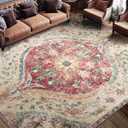 9x12 Rug, Washable Vintage Boho Carpet, Non Slip Low Pile Water Repellent Soft Print Pattern Indoor Rug for Living Room & Bedroom, Beige Rose Red Pink