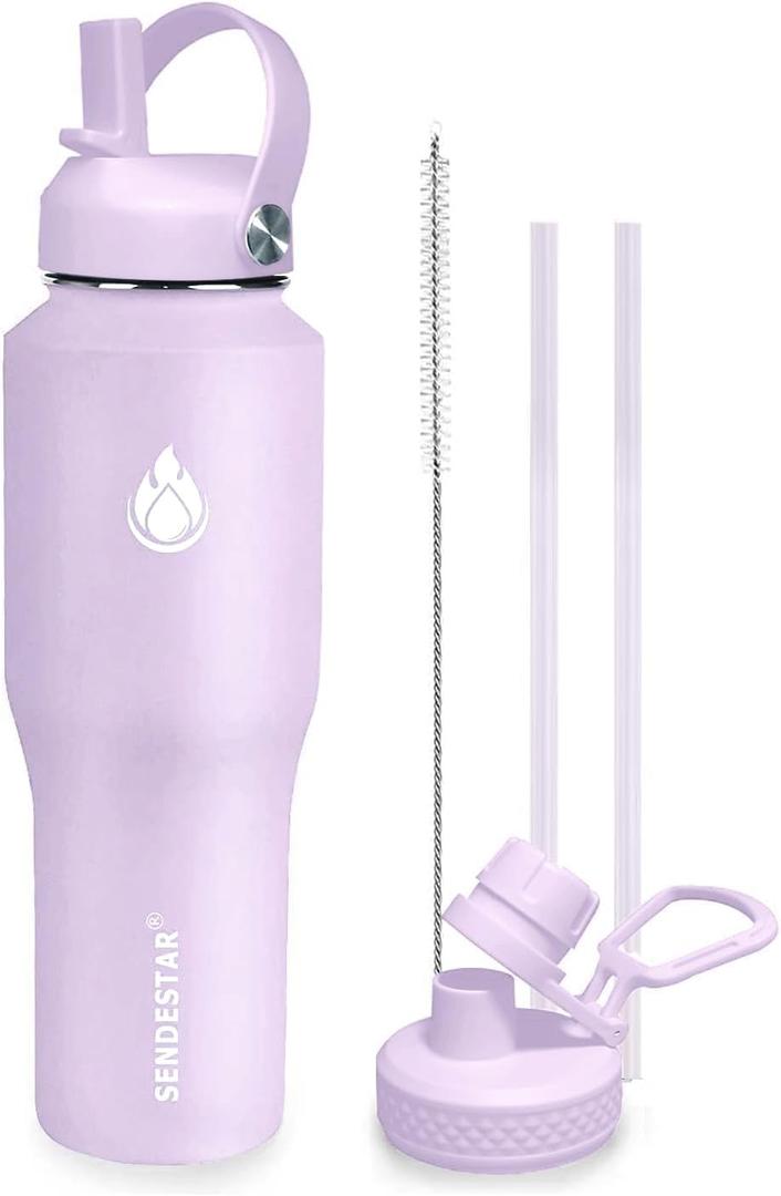 SENDESTAR 32oz Water Bottle Wide Mouth Stainless Steel Vacuum Insulated Double Wall with Straw Lids Fit in Any Car Cup Holder,Lilac
