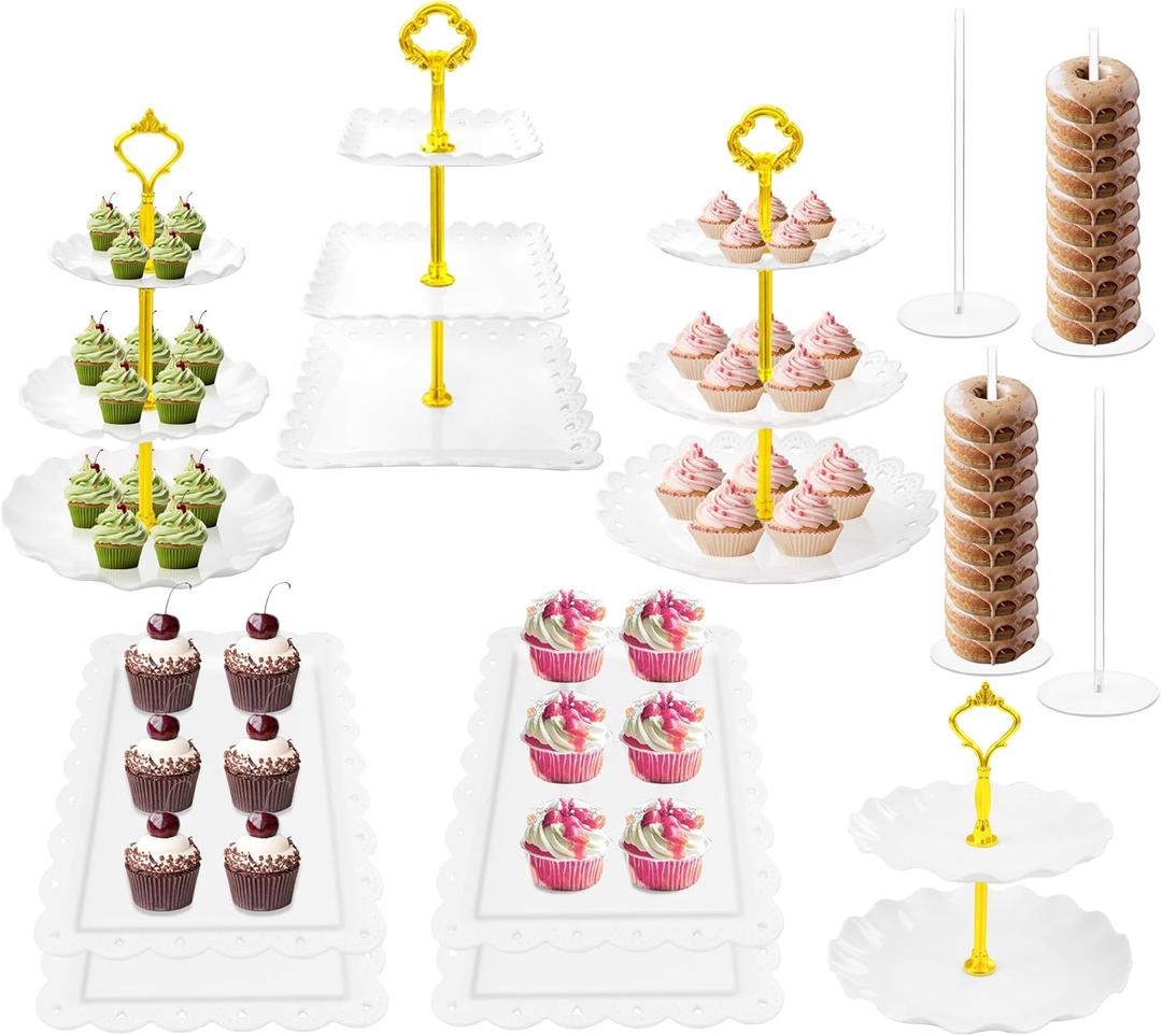 12 Pcs Cupcake Stand Set - White Plastic Dessert Table Display Set, 4 x Cupcake Stands Cookie Tray Rack Serving Tower, 4x Acrylic Donut Stands, 4x Dessert Trays for Wedding Baby Shower Tea Party