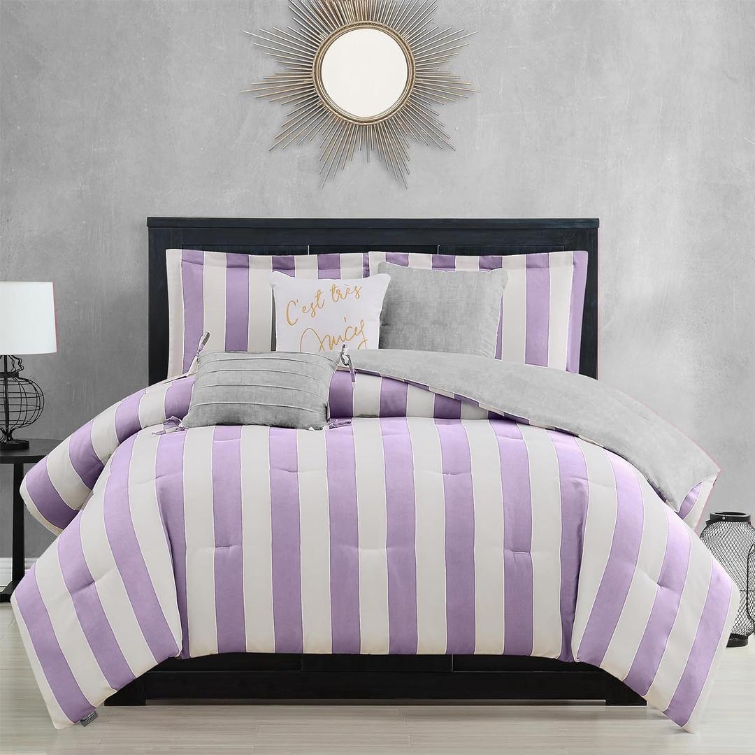 Juicy Couture Cabana Stripe Reversible Bedding Set - Queen/Full Size - Lavender/White Stripe Print  6 Piece Set  Includes 1 90" x 90" Comforter, 3 Decorative Pillows, 2 Shams