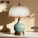 15.7" Mid-Century Modern Table Lamp, Green Ceramic Base with Scalloped Gradient Glass Shade, 3-Color Dimmable LED Bedside Lamp for Bedroom & Living Room, Aesthetic Home Decor, Bulb Included