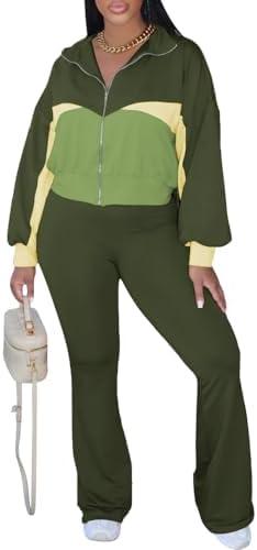 HBQ Women's Color Block 2 Piece Tracksuit Sets Long Sleeve Zip Up Crop Jacket and Flare Pants Casual Y2K Outfit