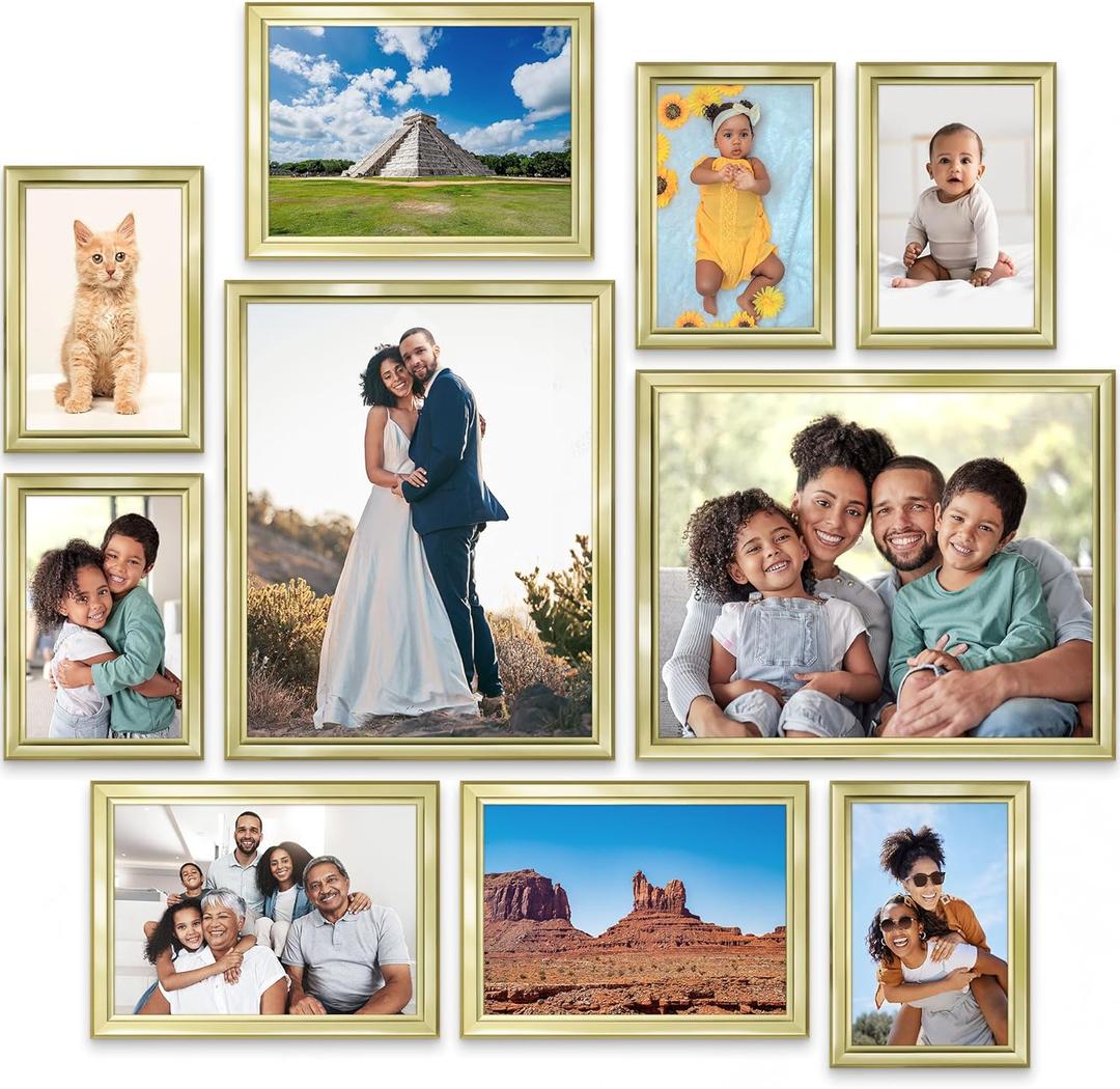 Icona Bay Combination Gold Picture Frames Set - 10 PC (Five 4x6, Three 5x7, Two 8x10), Classy Contemporary Style, Maestro Collection for Wall Gallery