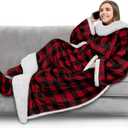 PAVILIA Sherpa Blanket with Sleeves, Foot Pocket for Women Men Adults, Thick Wearable Blanket Throw Wrap, Fleece Warm Snuggle Blanket Robe, Cozy Gift Ideas Wife Mom, Checkered Red