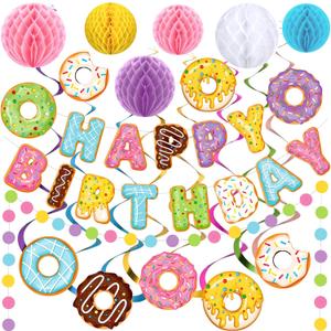 Pasimy 34 Pcs Donut Happy Birthday Banner Donut Party Decorations Doughnut Grow Hanging Swirls Candyland Wall Decor Honeycomb Balls and Dot Garland for Doughnut Birthday Baby Shower Party Supplies