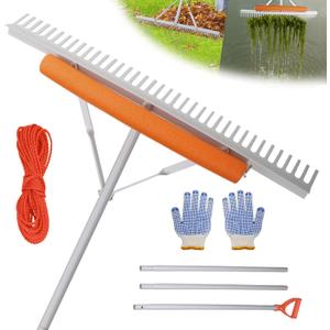 Floating Weed Lake Rake, 36 Inch Widths Pond Rake Aquatic Weed Rake, 133 Inch Extensible Multifunctional Folding Weeding Rakes, Aluminum Landscape Rakes with 49.2 FT Rope
