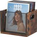 Vinyl Record Storage Crate, Cube Record Holder Storage 70+ Records, Metal & Wooden Vinyl Storage Record Display Organizer with Handles, Rustic Brown