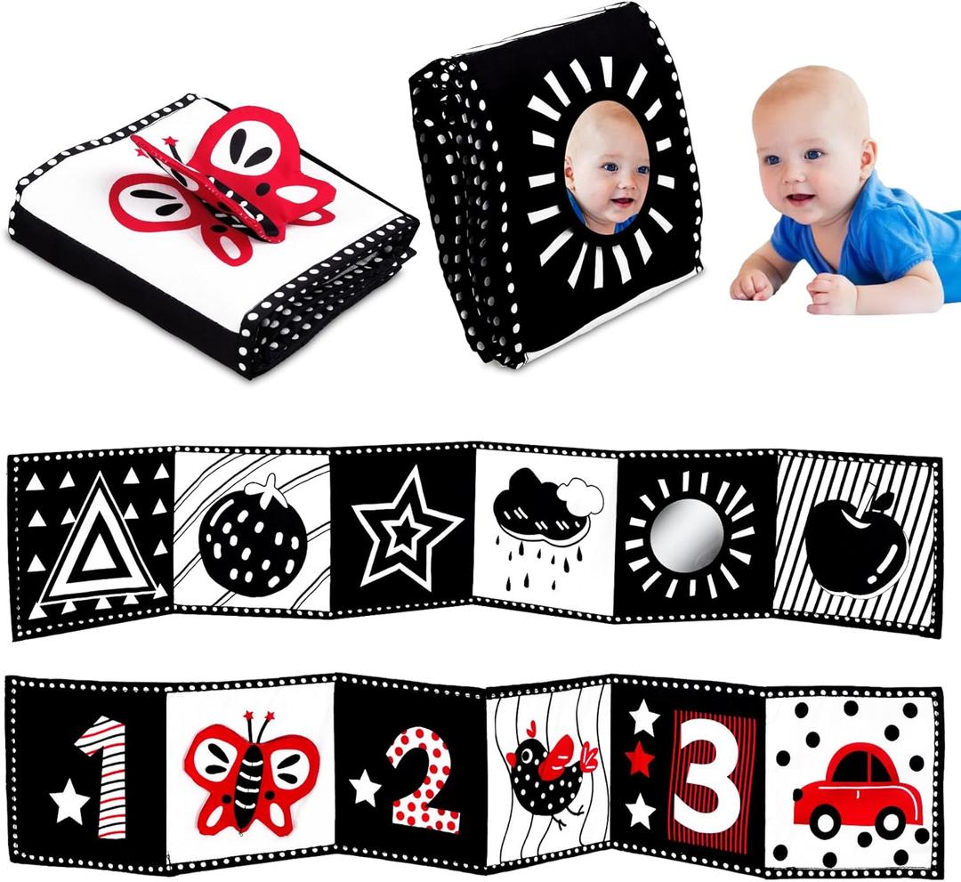 Black and White High Contrast Baby Toys - 0-3 Months Brain Development - Soft Crinkle Books & Tummy Time Montessori Sensory Toys for 0-12 Months, Boys & Girls