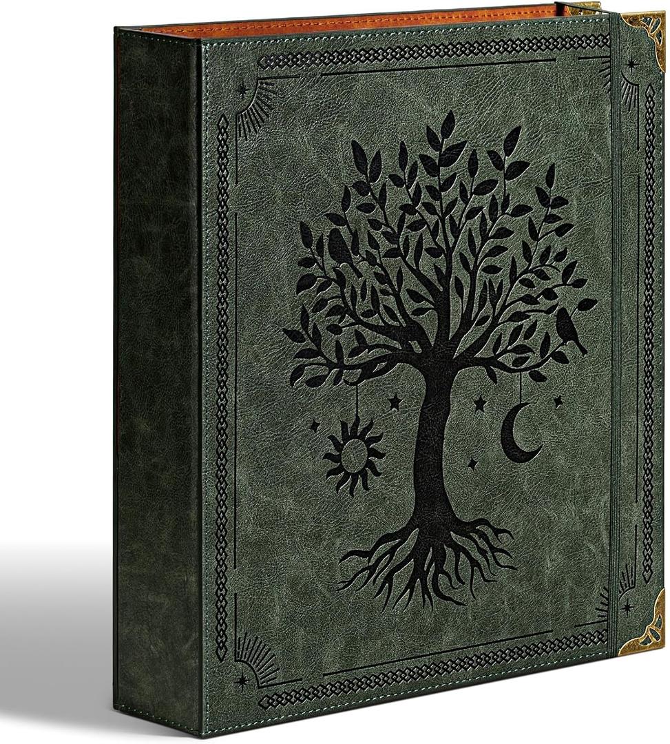 Ovesmusl Leather D Ring Binder Fits 8.5"x11" Letter Size Paper, 2 Inch D-Ring Binders Holds 550 Sheets, Notepad Paper Cover Loose Leaf Organizer with Inner Pockets, Green Tree
