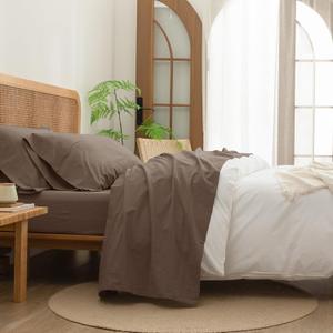BESTOUCH Sheet Set 100% Washed Cotton Linen Feel Super Soft Comfortable Chic Lightweight 3 Pcs Home Bedding Set Solid Pine Bark Brown Twin