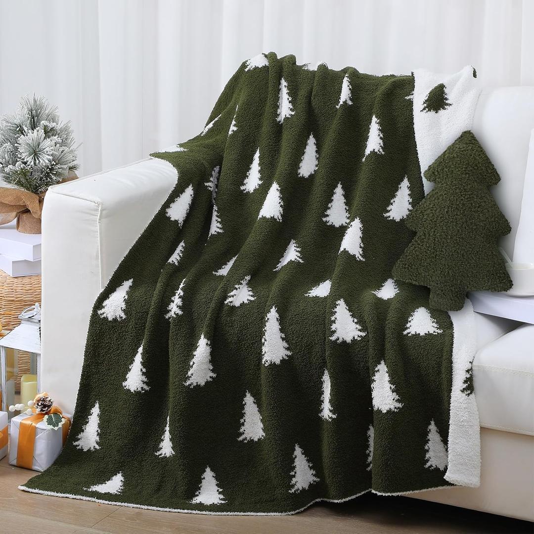 Christmas Tree Throw Blankets and Pillow Gift Set 50 x 60 Inch Double Sided Green Flannel Blanket and Plush Xmas Tree Throw Pillows Cushions for Xmas Winter Couch Sofa Bed Decorations