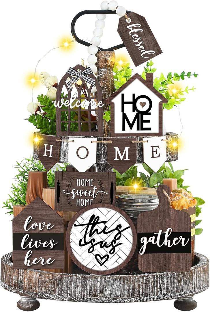 FairySandy 11 Pcs Home Tiered Tray Decor Spring Rustic Farmhouse Tiered Tray Decorations Set Home Wooden Signs Vintage Farm Animal Farmhouse Tabletop Wood Signs for Kitchen Table Shelf Decor