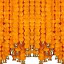 Marubhumi 5-PC Artificial Marigold Flower Garland – 4.5 Feet Long Strands with Bells | Mango Color | Diwali, Wedding, Home, and Christmas Décor