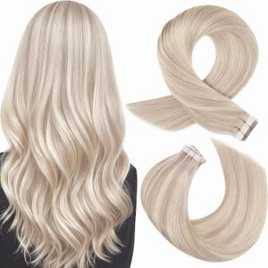 Moresoo Blonde Tape in Hair Extensions Human Hair Remy Tape in Highlighted Hair Extensions Real Human Hair Ash Blonde Mix with Bleach Blonde Tape ins Extensions 20 Inch #P18/613 20pcs 50g