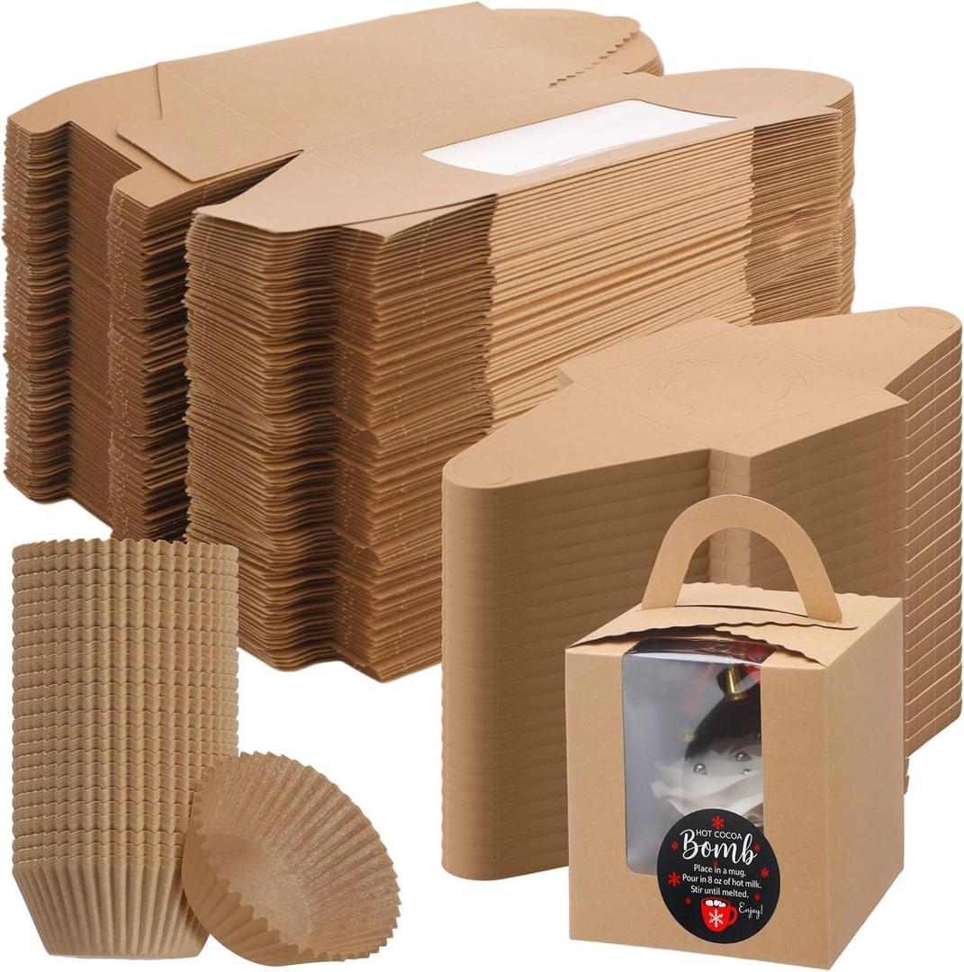 Motiskyy 100 Set Christmas Hot Cocoa Bomb Packaging Kit Individual Christmas Cupcake Boxes with Window Insert Handle Muffin Pastry Containers Xmas Cupcake Cookie Gift Box