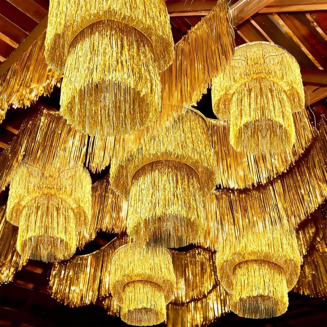 10 Pcs Gold 1920s Party Decorations 2 Tier Fringe Chandelier Fringe Garland Shiny Hanging Ceiling Banners for 2026 Graduation 1920s Disco Movie Night Birthday Party Decor(Gold)