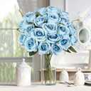 20PCS Artificial Roses with Long Stems - Realistic Silk Flowers, Fake Roses Real Touch Bouquet of Roses for Home Decor, Bridal Wedding Party Table Centerpieces, Bulk Faux Rose Flowers ( Sky Blue )