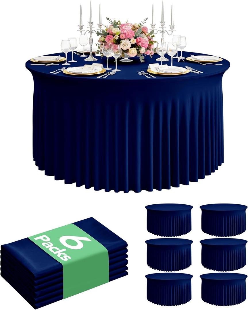 6 Pack Spandex Table Cover Skirts for 60 inch Round Tables, Navy Blue Stretch Table Cloths with Floor-Length Ruffle, Elastic Fitted Skirted Tablecloth for Elegant Wedding Banquet Party Buffet Deco