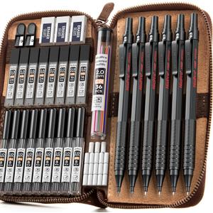 Nicpro 33PCS Black Metal Mechanical Pencil Set in Leather Case, Art Drafting Pencil 0.3, 0.5, 0.7, 0.9 mm, 2mm Lead Holders for Sketching Drawing with 18 Tube (6B 4B 2B HB 2H 4H Colors) Lead Refills
