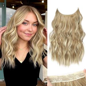 KooKaStyle Invisible Wire Hair Extensions with Transparent Wire Adjustable Size 4 Secure Clips 16 Inch Long Wavy Secret Hairpiece(Dark Ash Blonde mix Light Blonde Highlights)