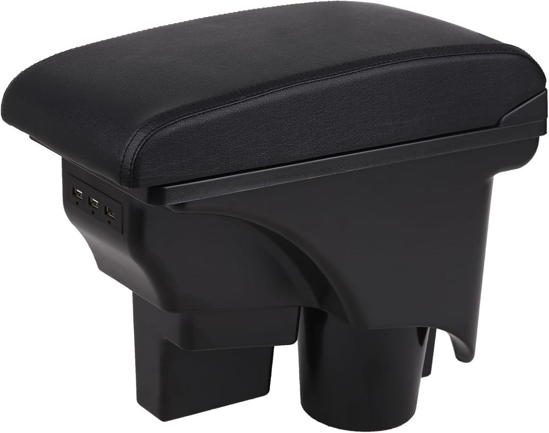 Car Armrest Box for Volkswagen VW Golf Hatchback 2010-2012 / Jetta 2007~2012 Accessories Center Console Organizer Arm Rest Double Layer Storage Space with 3 Charging USB Ports (Black stitching)