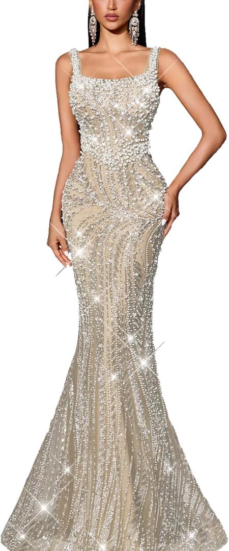 Women's Square Neck Sequin Beaded Mermaid Formal Evening Dress Spaghetti Strap Bodycon Prom Party Cocktail Maxi Gown (Medium, #1 Beige)