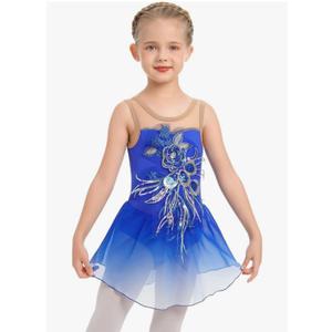 ODASDO Girl Ice Figure Skating Dress Ballett Dance Leotards Gymnastics Sequin Flower Gradient Chiffon Skirt for Competition M